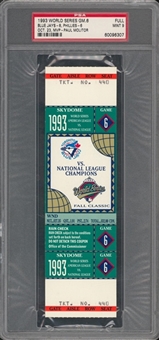 1993 World Series Game 6 Full Ticket Toronto Blue Jays vs Philadelphia Phillies  - Joe Carter Walk Off Home Run - PSA 9 MINT
